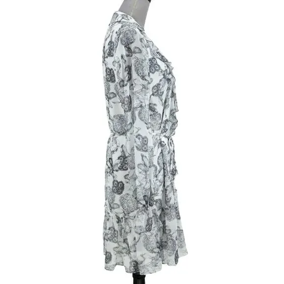Ted Baker 2 Dress Womens 6 White Black Floral Ruffles Chiffon Tie Waist Lined - Picture 5 of 16